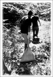 Manoomin Project: youth volunteers dragging sacks of wild rice seed to a planting site in Alger County