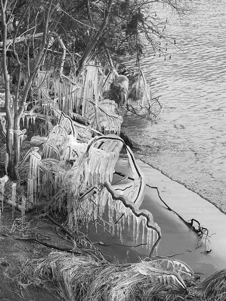 Ice formations line the Lake Superior shoreline
