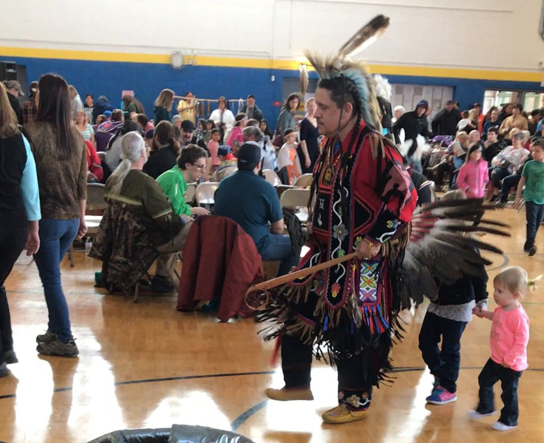 Don Chosa, KBIC traditional dancer, at the NMU 2018 Spring Pow Wow